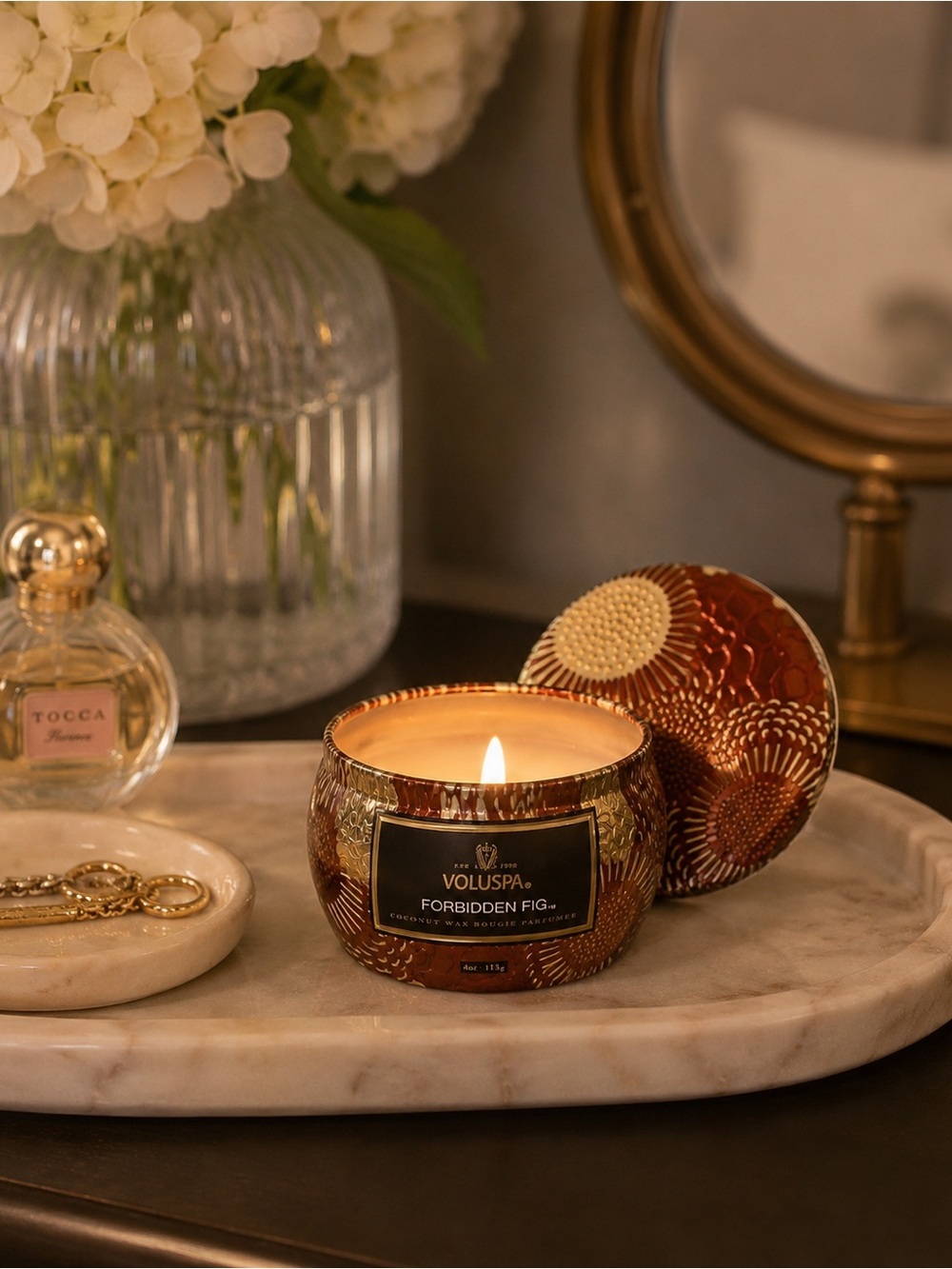 Voluspa Forbidden Fig Candle 4 oz | Coconut Wax Decorative Embossed Tin Luxury